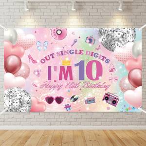lot 4502 image: 10th Birthday Backdrop Decorations for Girl 71 x 43 Inch Pink Happy Birthday Backdrop for 10 Years Old Girl Double Digits Era Party Decor Large Ten Birthday Poster Background Photo Booth - Retail $10