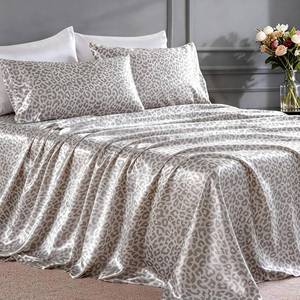 lot 4506 image: FreshCulture Satin Sheets Queen Size Bed Set- 4 Piece Luxury Soft Silky Queen Sheet Set, Similar to Silk Bed Sheets with 1 Deep Pocket Fitted Sheet, 1 Flat Sheet & 2 Pillowcases (Leopard) - Retail $21