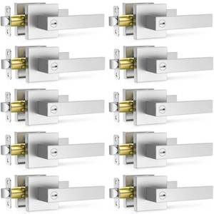 lot 4536 image: Plustool 10 Pack Brushed Nickel Door Handle, Door Knobs Interior Heavy Duty, Flat Square Privacy Door Levers, Keyless Door Lockset for Bedroom and Bathroom - Retail $110