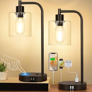 lot 4541 image: Set of 2 Industrial Touch Control Table Lamps with USB CA Ports and AC Outlet - 3-Way Dimmable Black Bedside Lamps Nightstand Desk Lamps for Bedroom Living Room, Glass Shade & 2 LED Bulbs Included - Retail $50