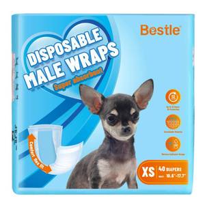 lot 4548 image: Bestle Male Dog Wrap, Disposable Dog Diapers, 40 Count, XS (Waist 10.6-16.6), Wetness Indicator, Ultra Protection, Leak Proof, Super Absorbent, Soft - Retail $19