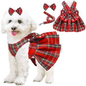 lot 4562 image: Dog Dress Bowknot Harness Leash Set for Small Dogs Girl Cute Plaid Dog Dress Pearls Bow Tie Spring Summer Princess Clothes Birthday Holiday Doggie Outfits for Puppy Cats Girl Apparel (Red, Medium) - Retail $13