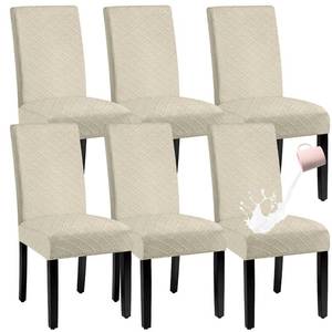 lot 4589 image: BOGUANG Waterproof Dining Chair Cover,Spandex Fabric Fit Stretch Chair Slipcover,Removable Washable Jacquard Parsons Chair Covers (Beige,Set of 6) - Retail $40