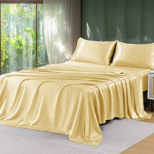 lot 4591 image: Sasttie Satin Sheets Queen Size - 4 Pieces Luxury Soft Pale Yellow Silky Bed Sheets Set with Pillowcases - Smooth Silk-Like Satin Fabric, Reinforced 14 Inches Pocket, Oeko-Tex Certified - Retail $29