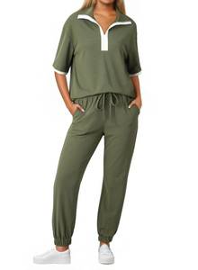 lot 4592 image: Dokotoo Two Piece Outfits for Women V Neck Short Sleeve Knitted Shirts Fashion Tracksuit and Elastic Waist Long Pants Set Casual Outfits for Women Sweatsuit Joggers Green X-Large - Retail $20