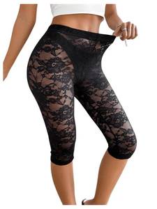 lot 4593 image: WDIRARA Womens Floral Lace Capri Leggings Sheer Mesh Skinny Elastic Sexy See Through Pants Black X-Large - Retail $20