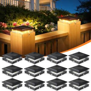 lot 4597 image: ENSLI 12 Pack 4x4 Solar Post Cap Lights Outdoor, Fence Post Solar Lights with Warm Light Mode, Waterproof Fence Deck Post Lights Solar Powered Fits 4x4 3.5x3.5 Vinyl Wooden Posts for Patio Porch - Retail $60