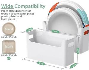 lot 27311 image: 2Pcs Paper Plate Dispenser for 6-9.5 Inch Disposable Plates, Space-Saving Plastic, Foam and Paper Plate Storage Organizer for Cabinet, Countertop, RV or Outdoor (White) - Retail $19