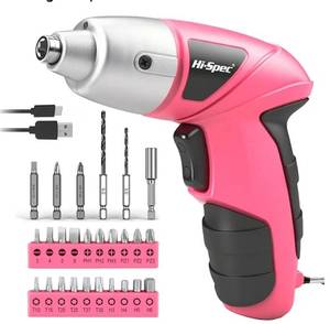 lot 27326 image: Hi-Spec Small Electric Screwdriver, Mini Drill Set, Rechargeable 3.6V Cordless Screwdriver with 26 Driver Bits, Power Tool for Small Projects & Home Use, Pink - Retail $20