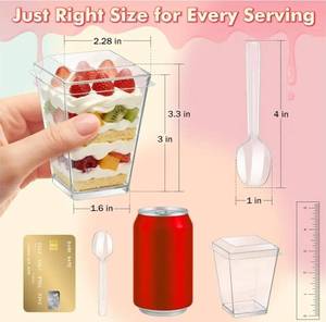 lot 27331 image: 5oz Plastic Dessert Cups with Lids and Spoons, Clear Yogurt Parfait Cups with Lids, Mini Dessert Shooter Cups with Spoons, Small Square Appetizer Cups for Fruit Party Pudding Ice Cream Trifle 20 Pack - Retail $9