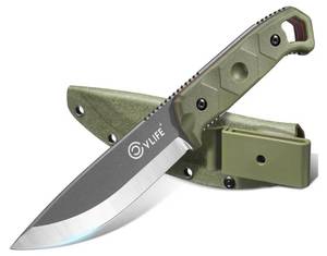 lot 27332 image: Fixed Blade Knife with Sheath, 5.2 D2 Steel Full Tang Survival Bushcraft Knife, Scandi Grind, 5-Layer Handle with G10 Liners, Heavy Duty Hunting Camping Knives for Men, Green - Retail $24
