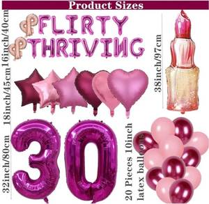 lot 27337 image: 45 Pieces 30 & Flirty & Thriving Birthday Party Decorations 30th Balloons Banner Rose Red Number Lipstick Balloons for Her 30 Birthday (Rose red) - Retail $14