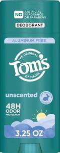 lot 27345 image: Tom��s of Maine Unscented Natural Deodorant for Men and Women, Aluminum Free, No Artificial Fragrances, Dyes, or Preservatives, Baking Soda Free, 48 Hour Odor Protection, 3.25 oz - Retail $10