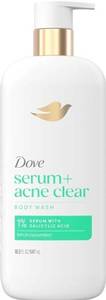 lot 27348 image: Dove Body Wash Acne Clear Clears & helps prevent acne 1% clearing salicylic acid acne treatment 18.5 Fl oz - Retail $10
