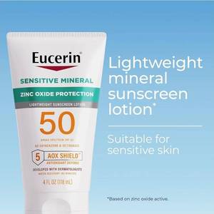 lot 27351 image: Eucerin Sun Sensitive Mineral Sunscreen Lotion SPF 50 with Zinc Oxide Protection, Hypoallergenic Sunscreen for Sensitive Skin, Oxybenzone and Octinoxate Free, 4 Fl Oz Tube - Retail $18