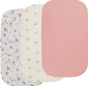 lot 27376 image: Muslin Bassinet Sheets 3 Pack, 100% Cotton Baby Fitted Sheet 33 x 19 Compatible with Mika Micky, KoolaBaby (3 in 1), BabyBond, HARPPA and RICUTON Bedside Bassinet, Solid Pink and Floral - Retail $29