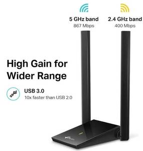 lot 27380 image: TP-Link USB WiFi Adapter, AC1300Mbps Dual Band 5dBi High Gain Antenna 2.4GHz 5GHz Wireless Network Adapter for Desktop PC (Archer T4U Plus)- Supports Windows 1110, Mac OS 10.9-10.14 - Retail $30