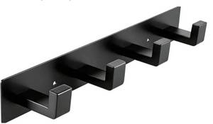 lot 27382 image: Black Coat Hooks, 12.5 Black Coat Rack Wall Mount �� 4 Right-Angle Hook Towel Rack for Hats, Bags & Towels, Heavy-Duty Metal Rail for Entryway, Bathroom, Closet, Bedroom - Retail $13