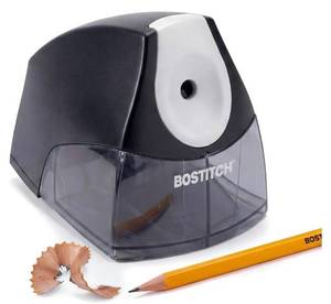 lot 27403 image: Bostitch Office Electric Pencil Sharpener for Classroom & Desk Use, Heavy-Duty Stall-Free Motor, High-Capacity Shavings Tray, Black - Retail $20