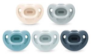 lot 27404 image: NUK 100% Silicone Comfy Orthodontic Pacifiers, 0-6 Months, Blue Fashion, Timeless Collection, 5 Count - Retail $10