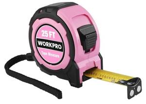 lot 27407 image: WORKPRO 25FT Pink Tape Measure, 18 Fractions Easy Read Measuring Tape, Retractable Nylon Coating Measurement Tape Accuracy 132, Magnetic Hook, Belt Clip, Rubber Protective Casing - Pink Ribbon - Retail $12
