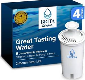 lot 27412 image: Brita Standard Water Filter for Pitchers and Dispensers, BPA-Free, Reduces Copper, Cadmium and Mercury Impurities, Lasts Two Months or 40 Gallons, Includes 4 Filters for Pitchers - Retail $21
