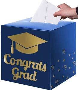 lot 27428 image: Graduation Card Box Holder, Congrats Grad Foldable Cardboard Decorations Box for Graduation Party Decoration and Grad Parties (Blue) - Retail $9