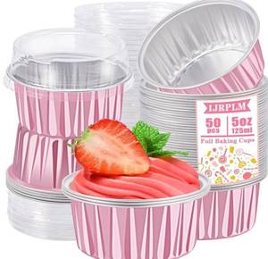 lot 27440 image: 50pcs 5oz 125ml Muffin Liners Cups with Lids (pink),50 Pack Baking Cups with Lids,5oz Aluminum Foil Cupcake Cups Muffin Liners, Standard size - Retail $12