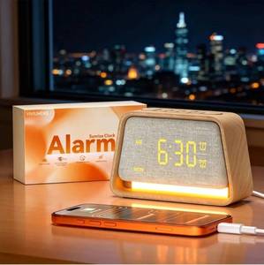 lot 27441 image: Dual Alarm Clock Wooden 20 White Noise Sound Machine Gentle Wake Up Light for Adults Sleeping Digital Dimmable Night Light Bedside Lamp Sunrise Alarm Clock for Bedroom Gift for Mom Girls - Retail $27