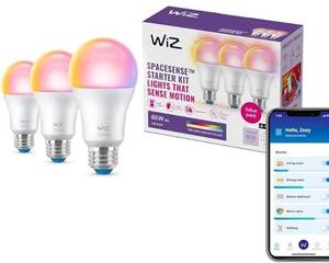 lot 27447 image: WiZ Connected Smart Light Bulbs, Sunset to Sunrise Automation  Motion Detection  Control with Voice or App, Full Color A19 60W 800LM Indoor, Matter Compatible -3 Pack - Retail $28