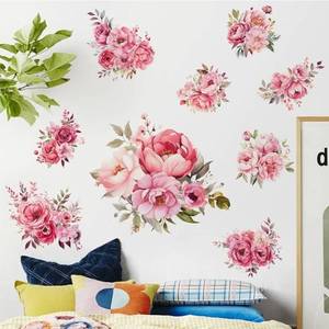 lot 27454 image: Pink Peony Flower Wall Decals Peel and Stick Rose Leaf Botanical Wall Stickers Removable Vinyl Wall Decor for Girls Room Bedroom Living Room Bathroom KSY-345 - Retail $10