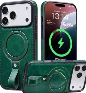 lot 27458 image: iPhone 17 Pro Max Leather Case with Stand, Anti-Slip Grip Ring, Fits for MagSafe (Green, iPhone 17 Pro Max) - Retail $30