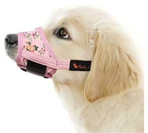 lot 27473 image: Dog Muzzle, Soft Nylon Muzzle Anti Biting Barking Chewing, Air Mesh Breathable Drinkable Adjustable Loop Pets Muzzle for Small Medium Large Dogs 4 Colors 4 Sizes (P-Pink Flower, M) - Retail $12