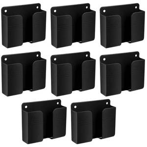 lot 27483 image: 8 Pieces Wall Mount Phone Holder Adhesive Remote Control Storage Box Wall Mount Charging Phone Stand Holder Adhesive Non Slip Media Organizer Storage Box for Bedroom Kitchen Bathroom (Black) - Retail $15