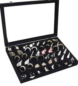 lot 27491 image: Velvet Jewelry Tray 48 Grid Jewelry Display Tray Organizer Box with Transparent Lid Rings Earrings Necklaces Pendants Display Box Suitable for Women and Girls (Black) - Retail $16