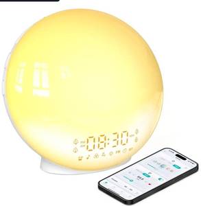 lot 27494 image: Smart Sunrise Alarm Clock with No Signup APP Control & Wake-Up Light, 4 Alarms, Sound Machine, FM Radio, Wireless Speaker, White - Retail $30