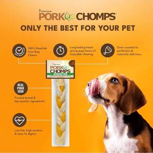 lot 27519 image: Pork Chomps Roasted Pork Skin Dog Chew, 8-inch Braid, Peanut Butter Flavor, 1 Count  - Retail $7
