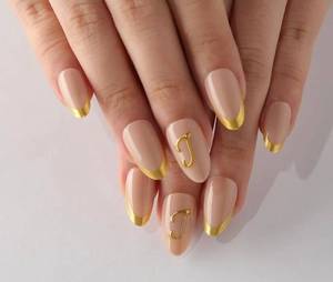 lot 27521 image: Birthday Press On Nails, 3D Letter J Gold French Tip Short Almond Fake Nails, Reusable Trendy Personalized Glossy Soft Gel Acrylic False Nails, Personalized Gift for Women Birthday Party - Retail $8