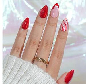 lot 27522 image: Christmas Press On Nails Almond - Jofay Fashion Red Cat Eye Press On Nails, Swirl Santa Hat Fake Nails with Glue for Women, Glossy Reusable Soft Gel Glue On Nails in 16 Sizes - 32 Stick On Nails Kit - Retail $12