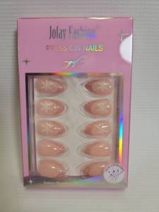 lot 27523 image: Christmas Press On Nails Almond - Jofay Fashion Pink Press On Nails, Fake Nails with Glue for Women, Glossy Reusable Soft Gel Glue On Nails in 16 Sizes - 32 Stick On Nails Kit - Retail $13