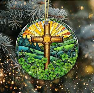 lot 27526 image: Irish Celtic Cross Ornament �� Stained Glass Shamrock Christian Ornament, St. Patrick��s Day Religious Tree Decoration, Faith-Inspired Irish Wall or Christmas Hanging Decor - Retail $8