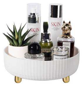 lot 27540 image: Makeup Perfume Organizer Tray 360 Degree Rotating Lazy Susan Skincare Lotion Organizer Spinning Cosmetics Storage for Dresser, Vanity, Bathroom Countertop, Small Ivory White - Retail $12
