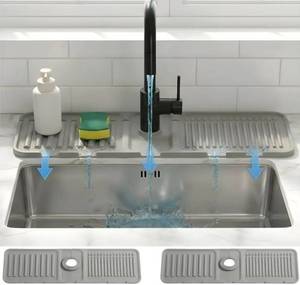 lot 27546 image: Silicone Faucet Mat for Kitchen Sink Splash Guard, 2-Piece Set �� Each (15 � 4.5 in) �� 5° Slope Fast Draining Water Guard �� Universal Fit for 3.5��6 cm Faucets �� Counter Protection, Grey - Retail $12