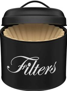 lot 27551 image: Black Basket Coffee Filter Holder With Lid - Round Container for Counter Storage - Rustic Farmhouse Bar Accessories Decor - Retail $18