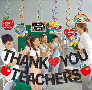 lot 27575 image: Thank You Teachers Banner Teacher Appreciation Banner Teacher Appreciation Decorations with Teacher Appreciation Hanging Decorations for Teachers Day Party Decorations( Gold letters) - Retail $7