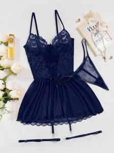 lot 27594 image: Sexy Garter Belt Mesh Lace Babydoll Lingerie Dress Set with Thong, L - Retail $18