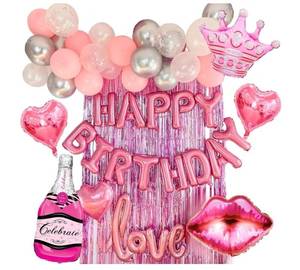 lot 27607 image: Vidal Crafts Pink Birthday Decorations �� 71-Piece Happy Birthday Decorations with Latex, Foil & Confetti Balloons, Happy Birthday Banner & Foil Fringe Curtains for Fun Birthday Parties - Retail $24