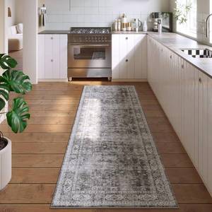 lot 6739 image: Runner Rug, 26x8, Washable, Rubber Backing, Vintage, GreyBrown