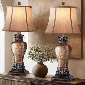 lot 6751 image: $70 Hamucd 27-inch Farmhouse Rustic Table Lamps Set 2, Dimmable, Brown