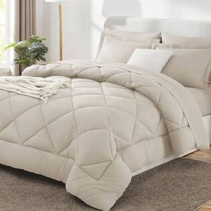 lot 6773 image: $53 CozyLux King Size Comforter Set Beige - 7 Pieces Bed in a Bag